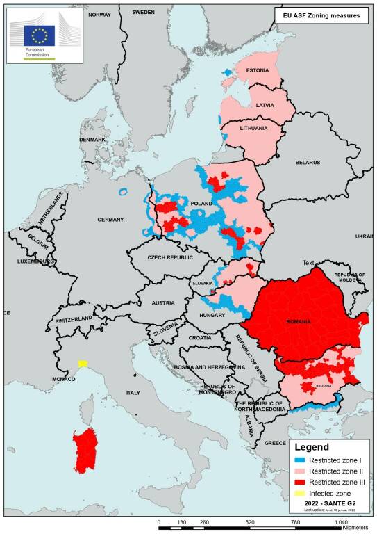 Cartina con zone europee contaminate da virus peste suina africana